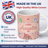 Personalized Custom Name Christmas Gingerbread House Snowman Candy Seamless Pattern Peach 11oz Ceramic Coffee Tea Mug White Large Handle