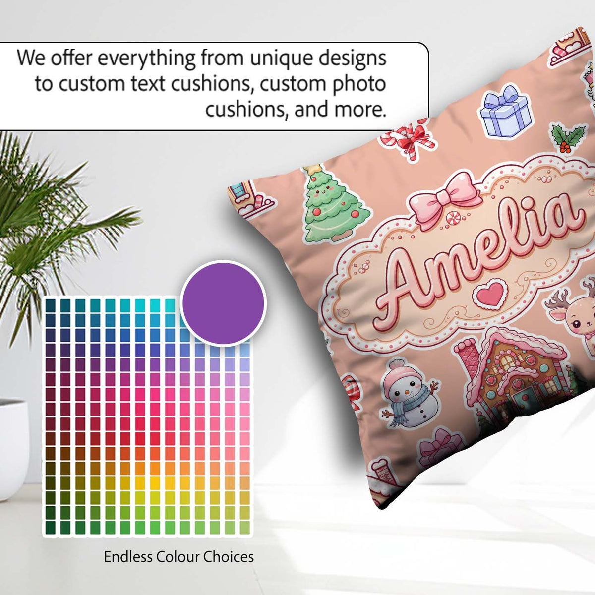 Custom Name Christmas House Snowman Candy Seamless Pattern Peach Square Filled Cushion Throw Pillow Sofa Bed Home Decor Zip Washable UK Made