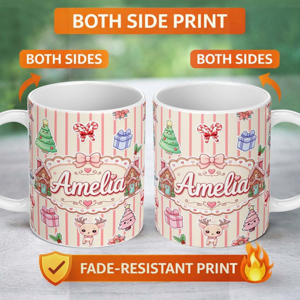 Personalized Custom Name Christmas Gingerbread House Snowman Seamless Pattern Beige Stripe 11oz Ceramic Coffee Tea Mug White Large Handle
