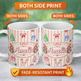 Personalized Custom Name Christmas Gingerbread House Snowman Seamless Pattern Beige Stripe 11oz Ceramic Coffee Tea Mug White Large Handle
