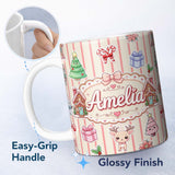 Personalized Custom Name Christmas Gingerbread House Snowman Seamless Pattern Beige Stripe 11oz Ceramic Coffee Tea Mug White Large Handle