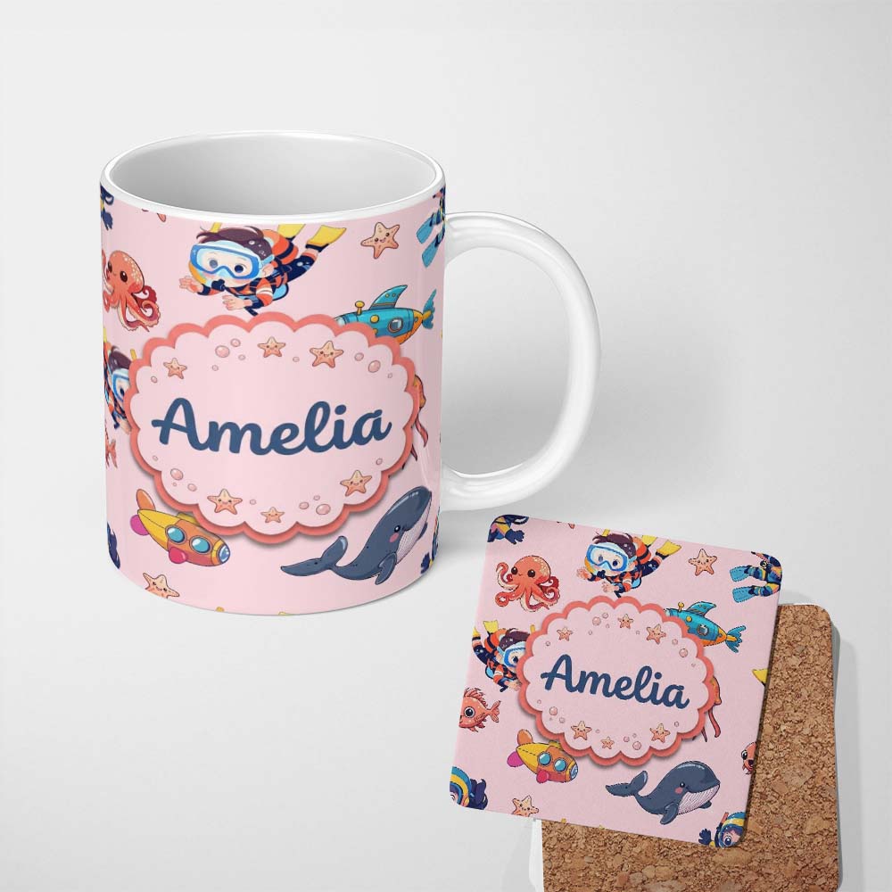 Personalized Custom Name Kids Scuba Divers Submarine Jellyfish Ocean Animals Soft Pink Lovely 11oz Ceramic Coffee Tea Mug White Large Handle