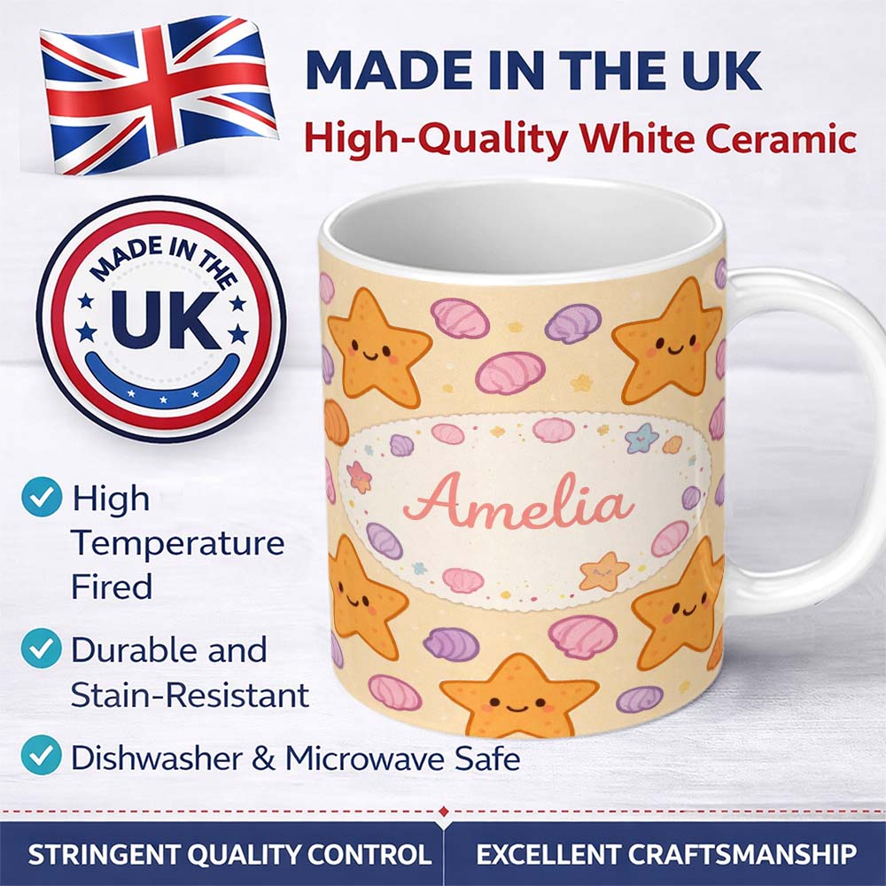 Personalized Custom Name Cute Starfish Shell Cartoon Ocean Animal Pattern Cute Unique Gift 11oz Ceramic Coffee Tea Mug White Large Handle