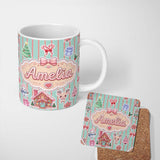 Personalized Custom Name Christmas Gingerbread House Snowman Seamless Pattern Mint Stripe 11oz Ceramic Coffee Tea Mug White Large Handle