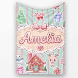 Christmas Gingerbread House Snowman Seamless Pattern Mint Stripe  Personalised Custom Name Super Soft Fleece Blanket Bed Sofa Throw