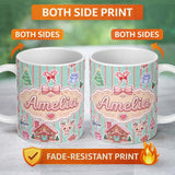 Personalized Custom Name Christmas Gingerbread House Snowman Seamless Pattern Mint Stripe 11oz Ceramic Coffee Tea Mug White Large Handle
