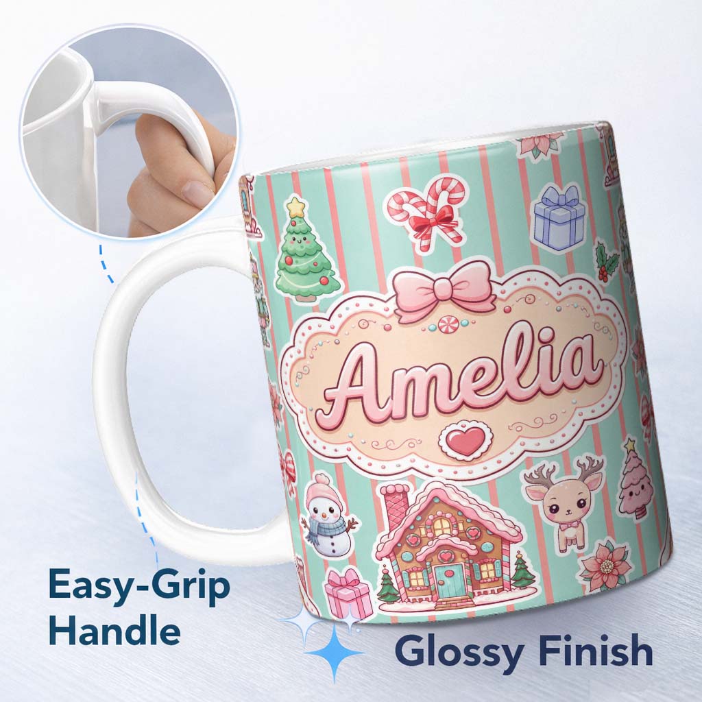 Personalized Custom Name Christmas Gingerbread House Snowman Seamless Pattern Mint Stripe 11oz Ceramic Coffee Tea Mug White Large Handle