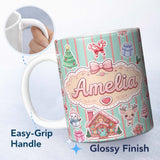 Personalized Custom Name Christmas Gingerbread House Snowman Seamless Pattern Mint Stripe 11oz Ceramic Coffee Tea Mug White Large Handle