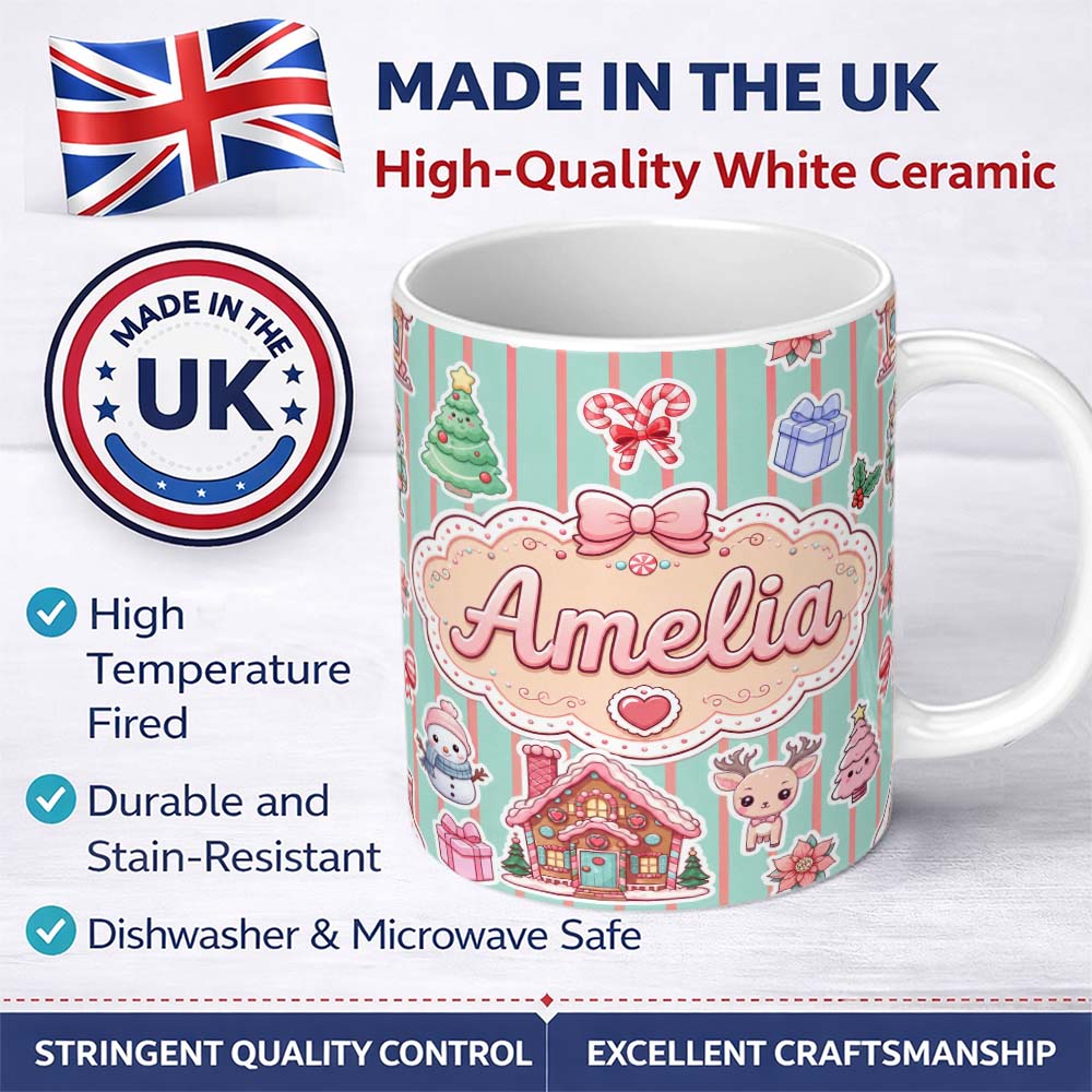 Personalized Custom Name Christmas Gingerbread House Snowman Seamless Pattern Mint Stripe 11oz Ceramic Coffee Tea Mug White Large Handle
