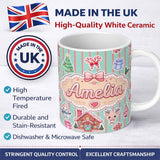 Personalized Custom Name Christmas Gingerbread House Snowman Seamless Pattern Mint Stripe 11oz Ceramic Coffee Tea Mug White Large Handle