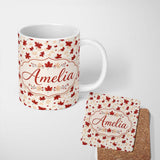 Personalized Custom Name Bold Red Maple Leaves with Subtle Beige Leaf Shadows on Light Lovely 11oz Ceramic Coffee Tea Mug White Large Handle