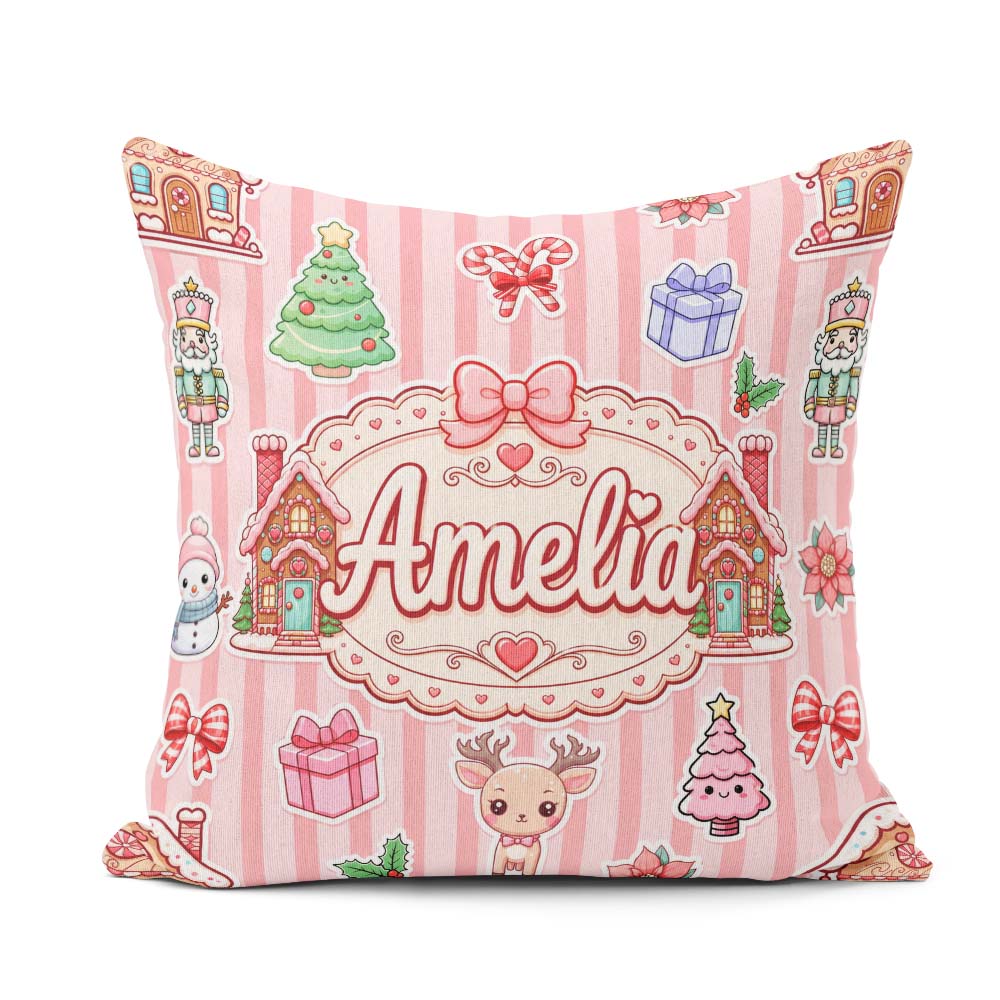 Custom Name Christmas House Snowman Seamless Pattern Pink Stripe Square Filled Cushion Throw Pillow Sofa Bed Home Decor Zip Washable UK Made