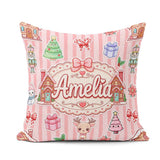 Custom Name Christmas House Snowman Seamless Pattern Pink Stripe Square Filled Cushion Throw Pillow Sofa Bed Home Decor Zip Washable UK Made