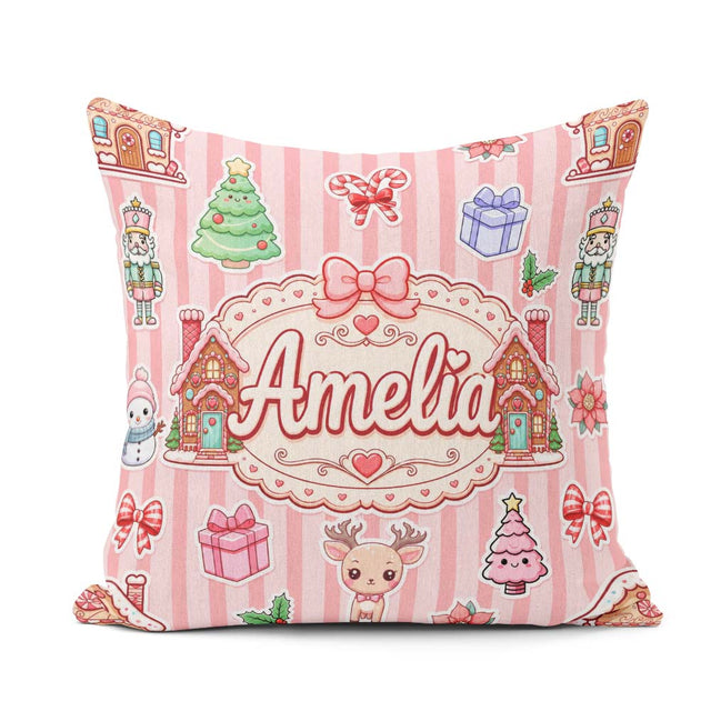 Custom Name Christmas House Snowman Seamless Pattern Pink Stripe Square Filled Cushion Throw Pillow Sofa Bed Home Decor Zip Washable UK Made