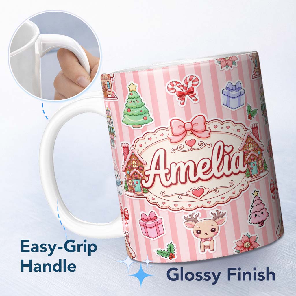 Personalized Custom Name Christmas Gingerbread House Snowman Seamless Pattern Pink Stripe 11oz Ceramic Coffee Tea Mug White Large Handle