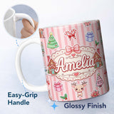 Personalized Custom Name Christmas Gingerbread House Snowman Seamless Pattern Pink Stripe 11oz Ceramic Coffee Tea Mug White Large Handle