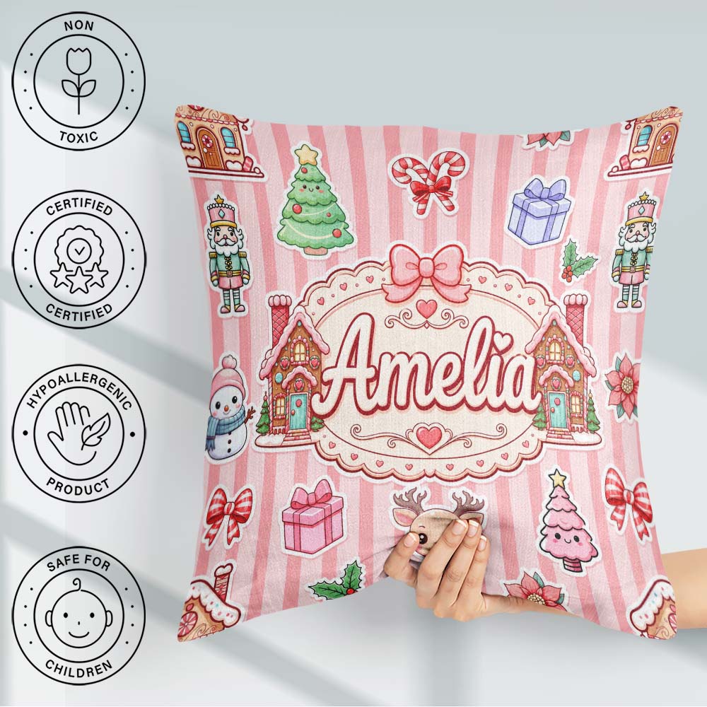 Custom Name Christmas House Snowman Seamless Pattern Pink Stripe Square Filled Cushion Throw Pillow Sofa Bed Home Decor Zip Washable UK Made