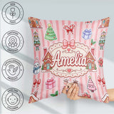 Custom Name Christmas House Snowman Seamless Pattern Pink Stripe Square Filled Cushion Throw Pillow Sofa Bed Home Decor Zip Washable UK Made