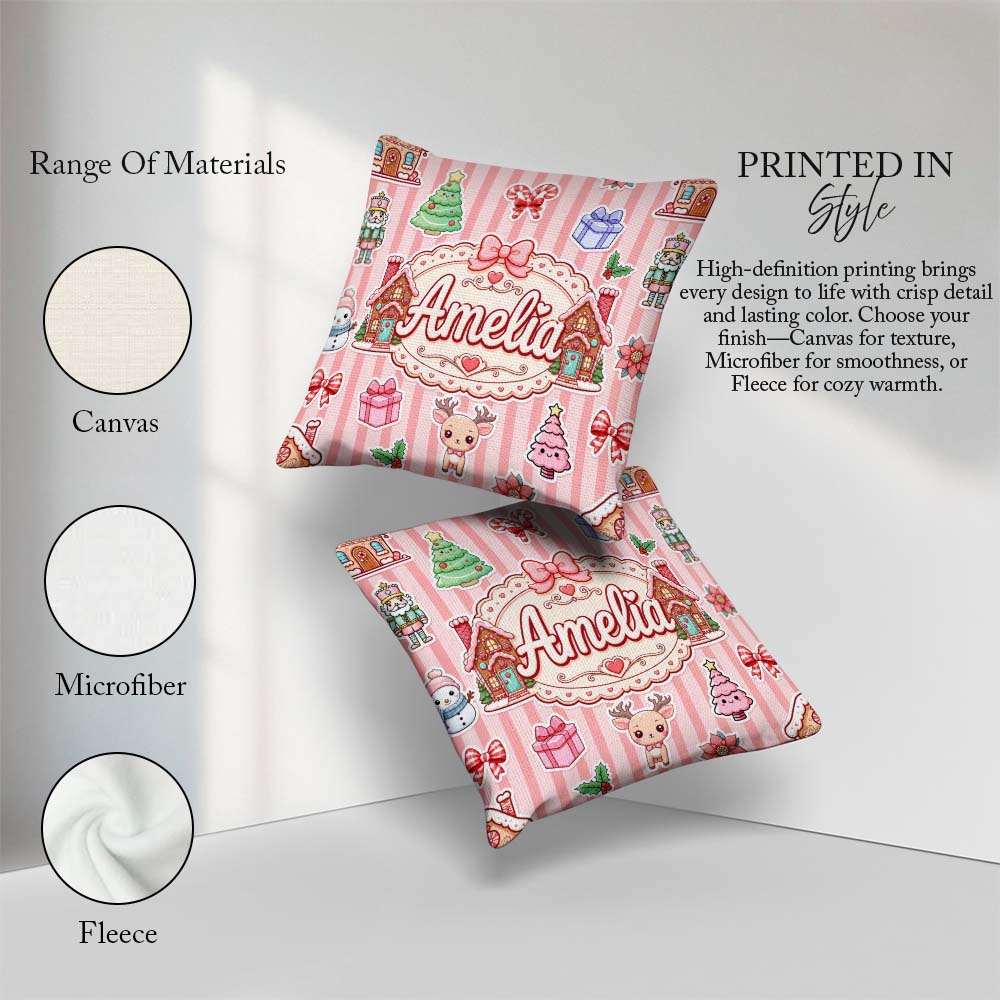 Custom Name Christmas House Snowman Seamless Pattern Pink Stripe Square Filled Cushion Throw Pillow Sofa Bed Home Decor Zip Washable UK Made