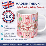 Personalized Custom Name Christmas Gingerbread House Snowman Seamless Pattern Pink Stripe 11oz Ceramic Coffee Tea Mug White Large Handle
