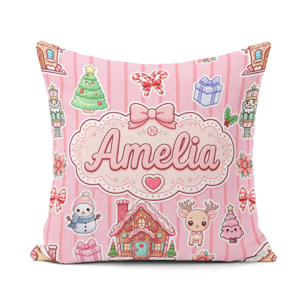 Custom Name Christmas House Snowman Seamless Pattern Rose Stripe Square Filled Cushion Throw Pillow Sofa Bed Home Decor Zip Washable UK Made