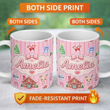 Personalized Custom Name Christmas Gingerbread House Snowman Seamless Pattern Rose Stripe 11oz Ceramic Coffee Tea Mug White Large Handle