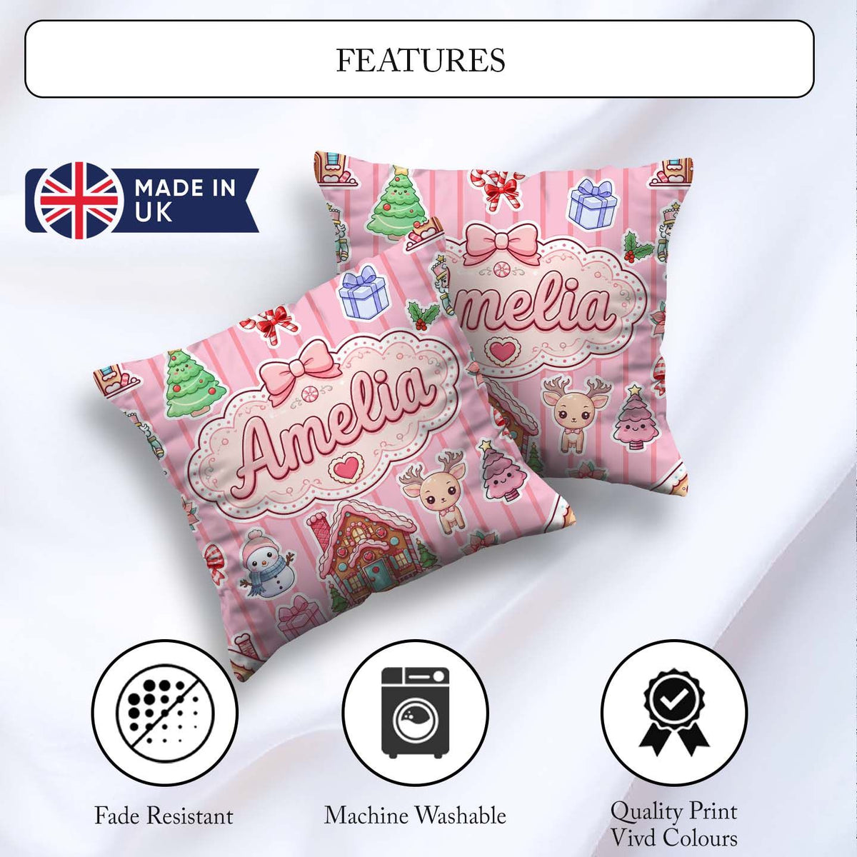 Custom Name Christmas House Snowman Seamless Pattern Rose Stripe Square Filled Cushion Throw Pillow Sofa Bed Home Decor Zip Washable UK Made