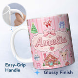 Personalized Custom Name Christmas Gingerbread House Snowman Seamless Pattern Rose Stripe 11oz Ceramic Coffee Tea Mug White Large Handle