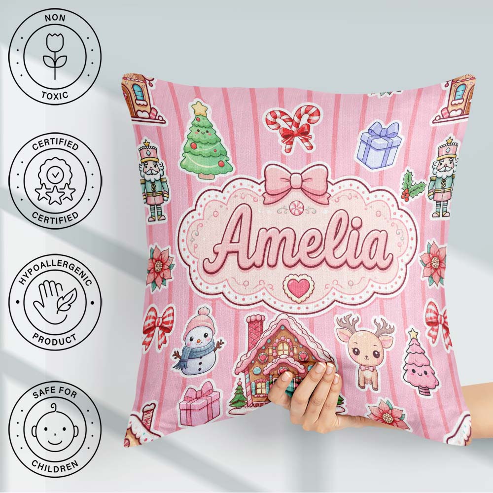 Custom Name Christmas House Snowman Seamless Pattern Rose Stripe Square Filled Cushion Throw Pillow Sofa Bed Home Decor Zip Washable UK Made