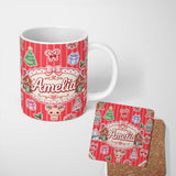 Personalized Custom Name Christmas Gingerbread House Snowman Seamless Pattern Red Stripe 11oz Ceramic Coffee Tea Mug White Large Handle