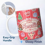 Personalized Custom Name Christmas Gingerbread House Snowman Seamless Pattern Red Stripe 11oz Ceramic Coffee Tea Mug White Large Handle