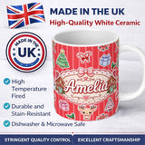 Personalized Custom Name Christmas Gingerbread House Snowman Seamless Pattern Red Stripe 11oz Ceramic Coffee Tea Mug White Large Handle