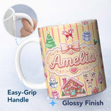 Personalized Custom Name Christmas Gingerbread House Snowman Seamless Pattern Yellow Stripe 11oz Ceramic Coffee Tea Mug White Large Handle