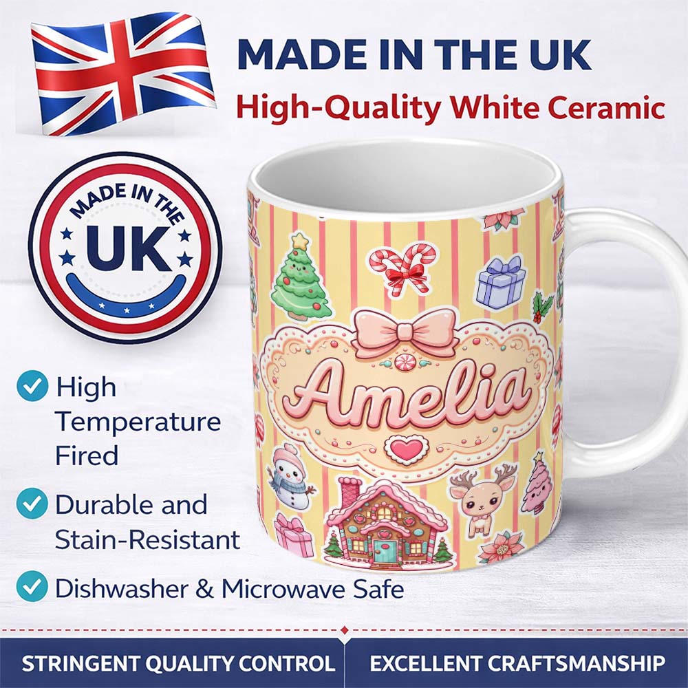 Personalized Custom Name Christmas Gingerbread House Snowman Seamless Pattern Yellow Stripe 11oz Ceramic Coffee Tea Mug White Large Handle