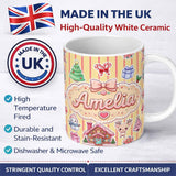 Personalized Custom Name Christmas Gingerbread House Snowman Seamless Pattern Yellow Stripe 11oz Ceramic Coffee Tea Mug White Large Handle