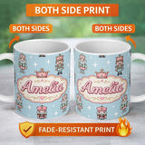 Personalized Custom Name Nutcracker Soldiers Pastel Christmas Seamless Pattern Blue 11oz Ceramic Coffee Tea Mug White Large Handle