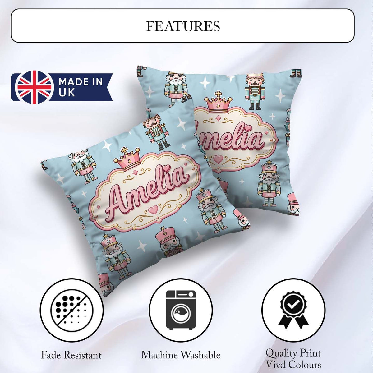 Custom Name Nutcracker Soldiers Christmas Seamless Pattern Blue Square Filled Cushion Throw Pillow Sofa Bed Home Decor Zip Washable UK Made