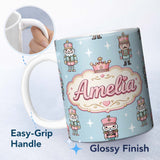 Personalized Custom Name Nutcracker Soldiers Pastel Christmas Seamless Pattern Blue 11oz Ceramic Coffee Tea Mug White Large Handle
