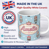 Personalized Custom Name Nutcracker Soldiers Pastel Christmas Seamless Pattern Blue 11oz Ceramic Coffee Tea Mug White Large Handle
