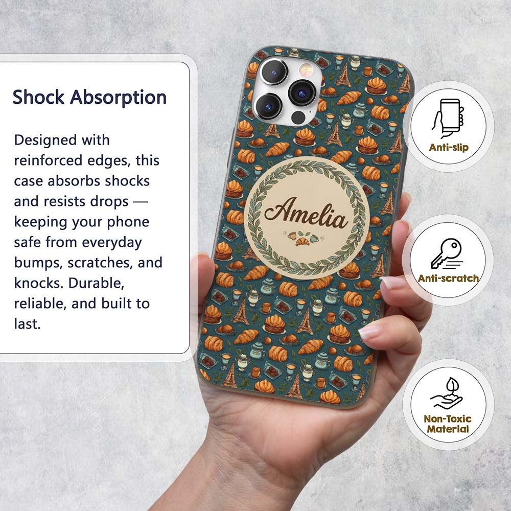 French Bakery Theme Croissant Eiffel Tower Coffee Custom Name Protective Phone Case Mobile Cover Durable Everyday Smartphone Shock Resistant