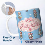 Personalized Custom Name Nutcracker Soldiers Pastel Christmas Seamless Pattern Sky Blue 11oz Ceramic Coffee Tea Mug White Large Handle