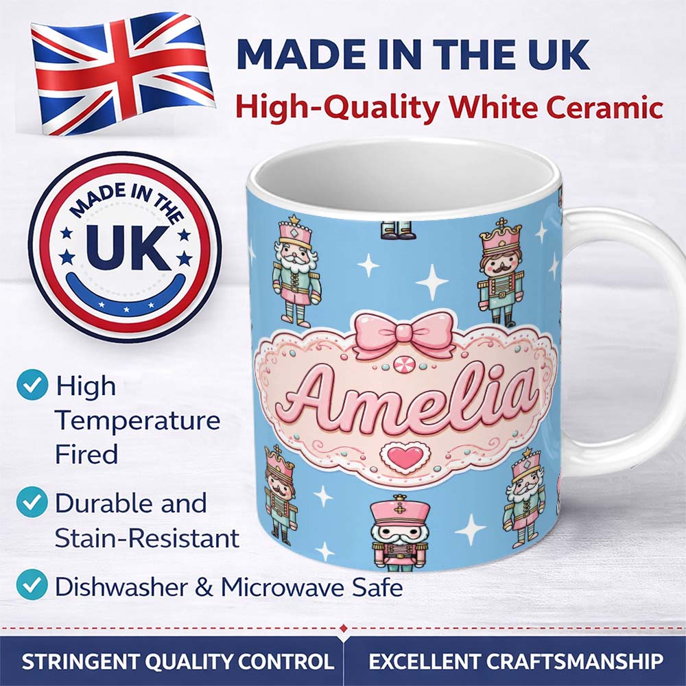 Personalized Custom Name Nutcracker Soldiers Pastel Christmas Seamless Pattern Sky Blue 11oz Ceramic Coffee Tea Mug White Large Handle