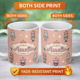 Personalized Custom Name Nutcracker Soldiers Pastel Christmas Seamless Pattern Peach 11oz Ceramic Coffee Tea Mug White Large Handle
