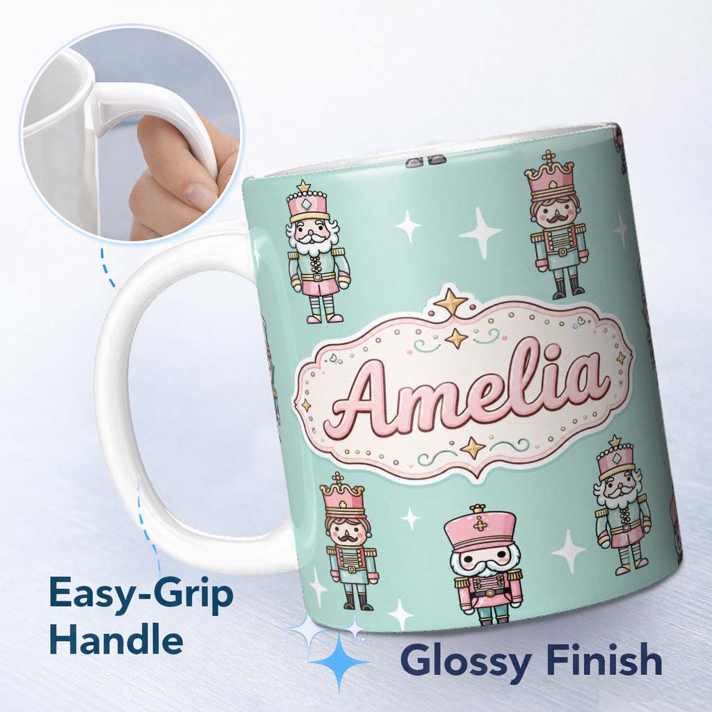 Personalized Custom Name Nutcracker Soldiers Pastel Christmas Seamless Pattern Mint 11oz Ceramic Coffee Tea Mug White Large Handle