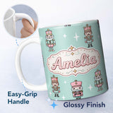 Personalized Custom Name Nutcracker Soldiers Pastel Christmas Seamless Pattern Mint 11oz Ceramic Coffee Tea Mug White Large Handle