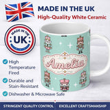 Personalized Custom Name Nutcracker Soldiers Pastel Christmas Seamless Pattern Mint 11oz Ceramic Coffee Tea Mug White Large Handle