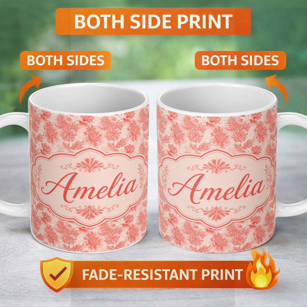 Personalized Custom Name Coral Reef Inspired Floral in Soft Pink and Red Tones Textile Design 11oz Ceramic Coffee Tea Mug White Large Handle