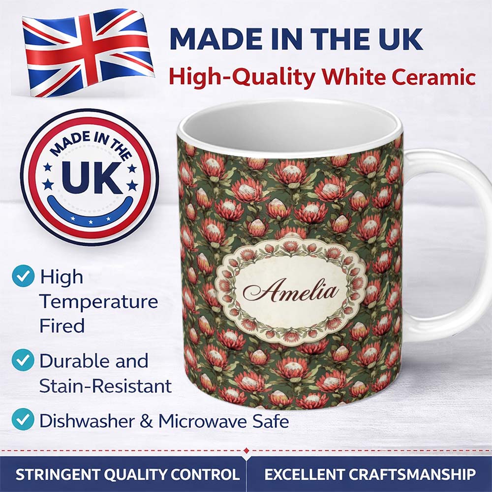 Personalized Custom Name Deep Green Background Protea Floral Botanical Seamless Pattern 11oz Ceramic Coffee Tea Mug White Large Handle