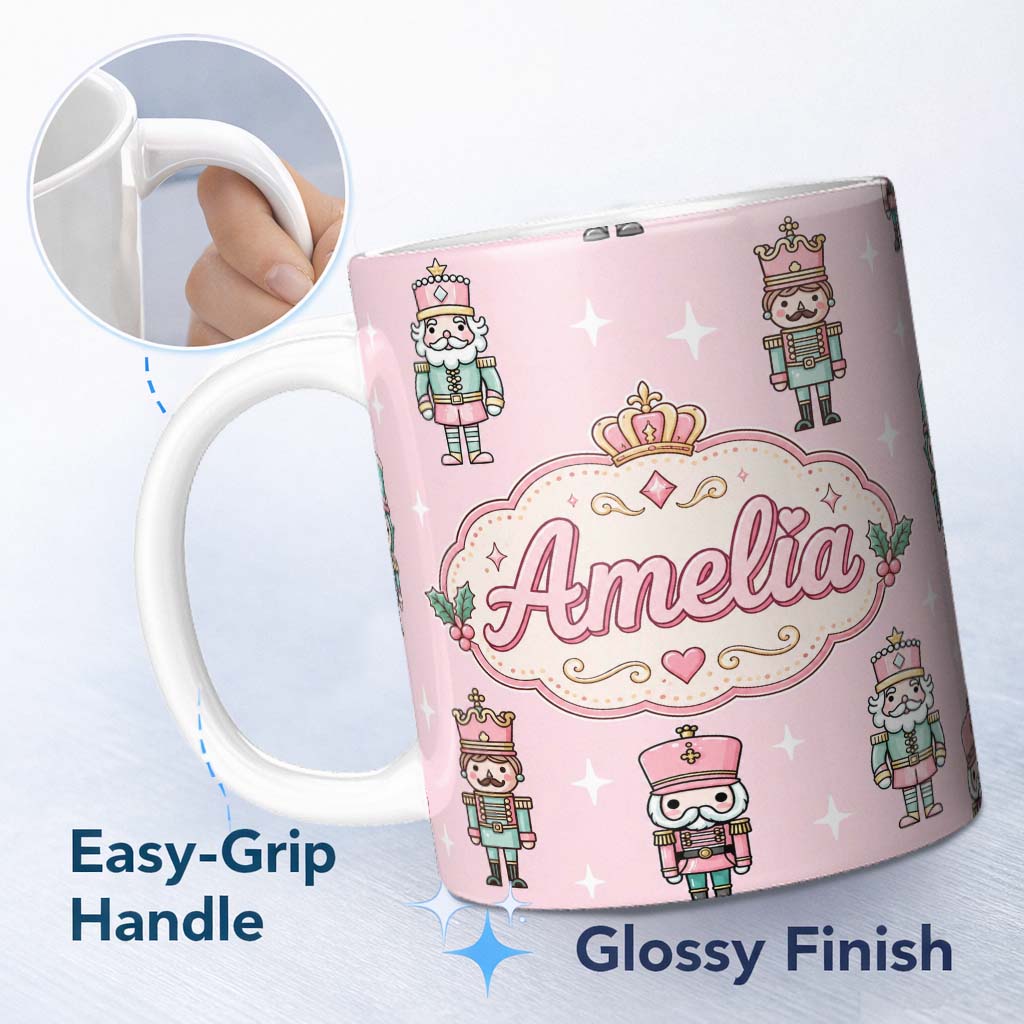 Personalized Custom Name Nutcracker Soldiers Pastel Christmas Seamless Pattern Pink 11oz Ceramic Coffee Tea Mug White Large Handle