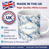 Personalized Custom Name Blue Jay Bird Floral Blossom Seamless Pattern Elegant Nature Lovely 11oz Ceramic Coffee Tea Mug White Large Handle
